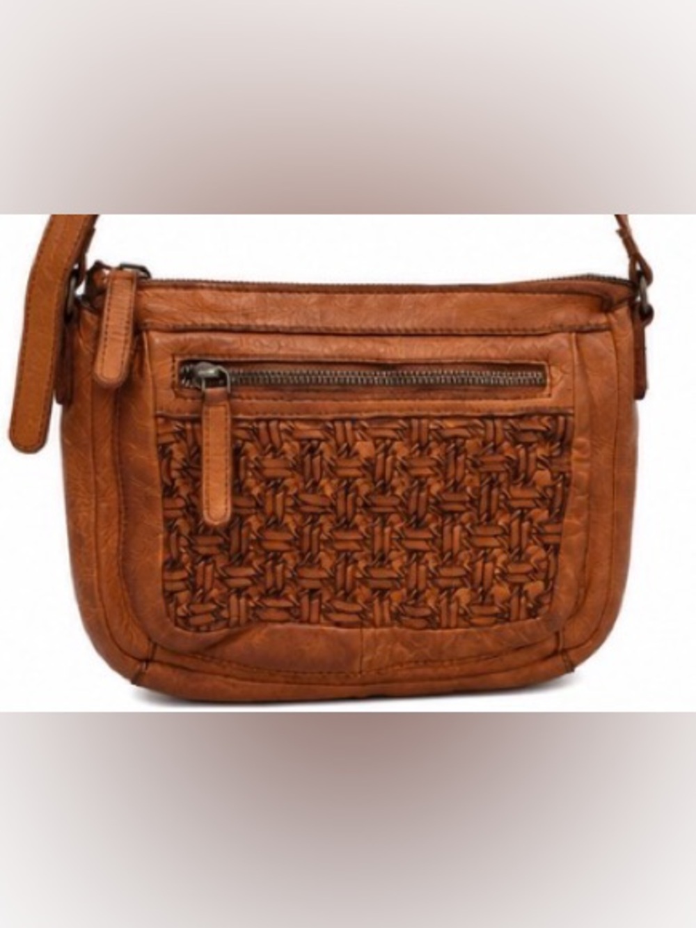 Vilenca Holland Cognac Woven Leather Crossbody Bag Genuine Leather Boho
